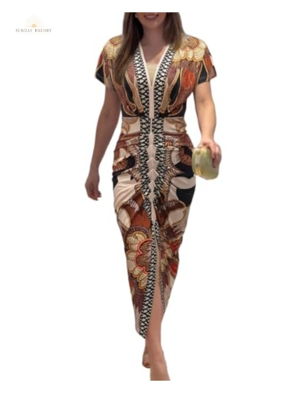 Floral Plunge V Neck Ruched Midi Dress Short Sleeve Side Slit Bodycon